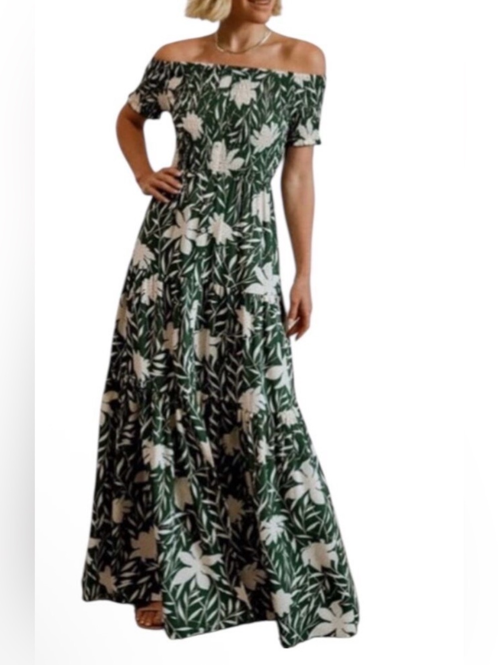 Baltic Born Green and White Off-Shoulder Floral Maxi Dress